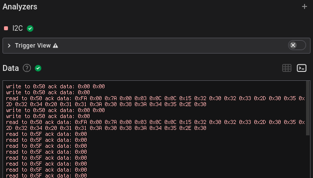 I2C analyzer screenshot in Logic 2 in the Terminal view.