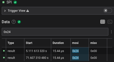 Logic 2 SPI analyzer with 0x24 searched to show when each screen update started.